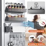 Toosci Magnetic Spice Rack for Refrigerator 2 Tiers and Paper Towel Holder and Utensil Holder, Magnetic Refrigerator Organizer, Strong Magnetic Fridge Shelf, Side Fridge Storage Rack for Kitchen