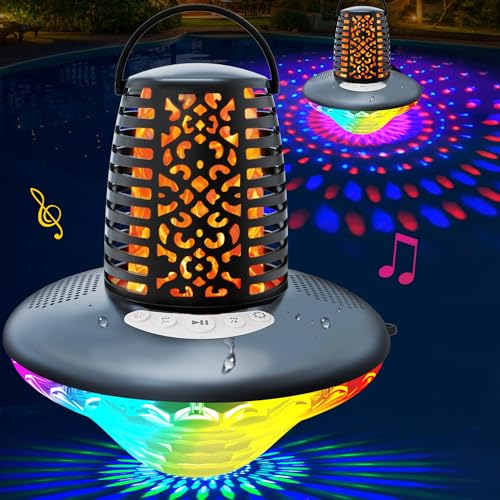 KingSom Floating Pool Speaker,Bluetooth Pool Speakers with LED Flame Light and RGB Light,IP68 Waterproof Bluetooth Speakers for Pool,Loud Stereo Sound,TWS Pairing,Built-in Mic,Hot Tub Speaker,Grey