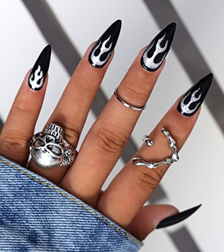 morily Black Press on Stiletto Nails Medium Length Glossy Fake Nails with Fire Pattern Design Acrylic Stick on Nails Long Full Cover Artificial False Nails Manicure for Women (Black Flame)