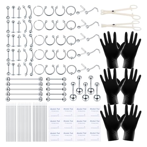 ChiMunllin 120PCS Body Piercing Kit Surgical Steel 14G 16G 20G BCR CBR Labret Lip Rings Cartilage Daith Earrings Nose Septum Nose Studs Belly Button Rings Jewelry Needles Gloves Clamps Tools