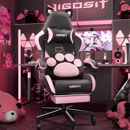 Vigosit Gaming Chair Cute with Cat Ears and Kawaii Cushion, Ergonomic Computer Game Chair for Girl with Lumbar Support and Footrest, Comfortable Reclining PC Gamer Chair for Teen (Cat Black)