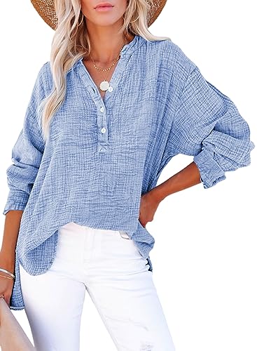 Dokotoo Womens Tops Fashion Cotton Long Sleeve Shirts for Women Button V Neck Side Slit Blouses Basic Ladies Work Office Dressy Casual Soft Loose Fit Summer Tunic Top Sky Blue M