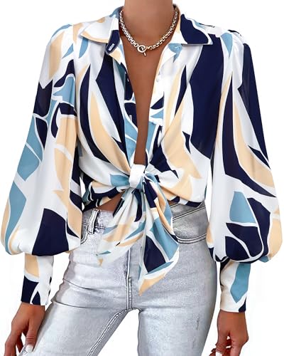 BTFBM Women Fashion Button Down Shirts V Neck Printed Solid Boho Long Sleeve Blouses Dressy Casual Summer Fall Tops(Print Navy, Medium)