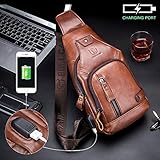 BULLCAPTAIN Genuine Leather Sling Bag with USB Charging Port Multi-pocket Chest Bag for Men Hiking Travel Daypack XB-129(Brown)