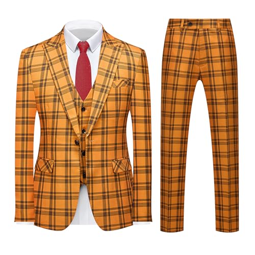 MOGU Mens 3-Piece Slim Fit Plaid Suit - Blazer, Vest, and Pants Set for Wedding, Prom, and Business US Size XL Orange
