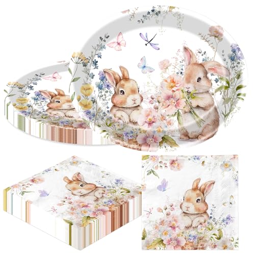 TEMYAXU 100Pcs Easter Plates, Easter Plates and Napkins includes 50pcs Oval Easter Paper Plates and Easter Bunny Napkins, Rabbit Disposable Easter Plates and Napkins for Happy Eater Decorations