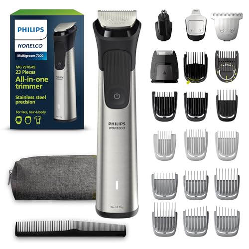 Philips Norelco Multigroom 7000 Series, All-in-One Trimmer, Beard Trimmer and Hair Clipper, 23-Piece Men's Grooming Kit for Beard, Face, Nose, Ear, Body, with Titanium Blades, Travel Pouch, MG7970/49