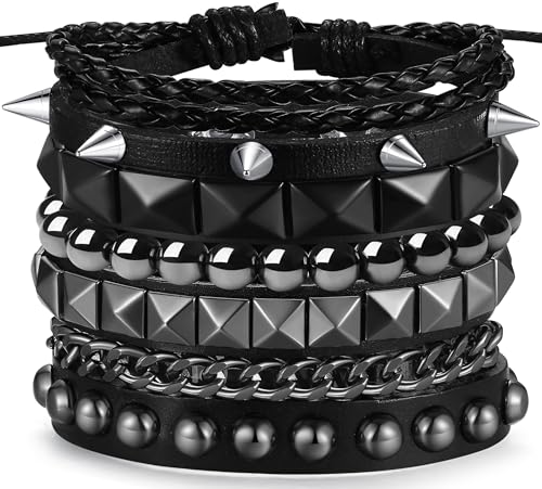Sahoottie Studded Bracelets for Men Women 4Pcs Spike Bracelet Emo Bracelets Punk Rock Leather Metal Cuff Bracelet Set Emo Jewelry Adjustable Grunge Bracelets Emo Punk Accessories (Black Squares)
