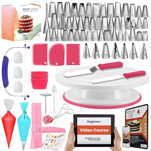 RFAQK 200PCs Cake Decorating Kit for Beginners with Turntable for Decoration - Piping Bags and Tips Set (110+55), Straight & Offset Spatula, Leveler, Video Course, Pattern Chart & More Baking Supplies