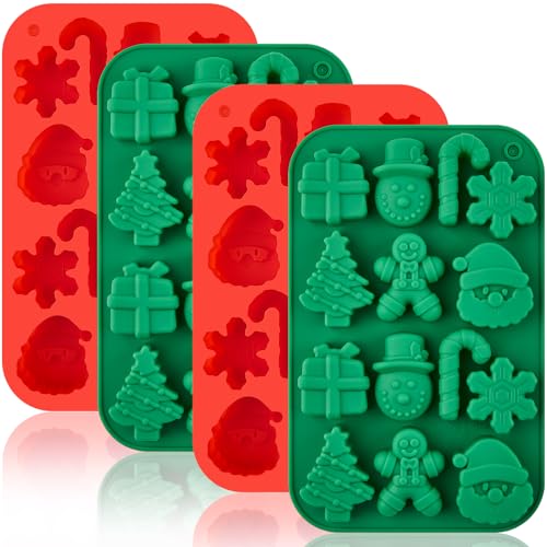 CLUEWR Christmas Chocolate Molds, 4PCS Silicone Candy Molds Santa Clause Christmas Tree Snowman Gingerbread Man Baking Molds for Jellies, Candies, Ice Cubes, Wax Melts, Soaps, Candles