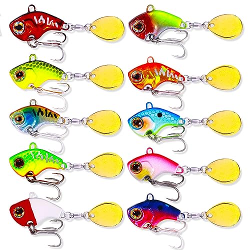 HENGJIA 10PCS Fishing Lures, Fishing Spoon with Triple Strengthened Hook, Sinking Lure Hard Bait with Sequin Tail for Bass Trout Crappie,Minnow Fishing Jigs for Freshwater Saltwater (1.38/0.85oz)