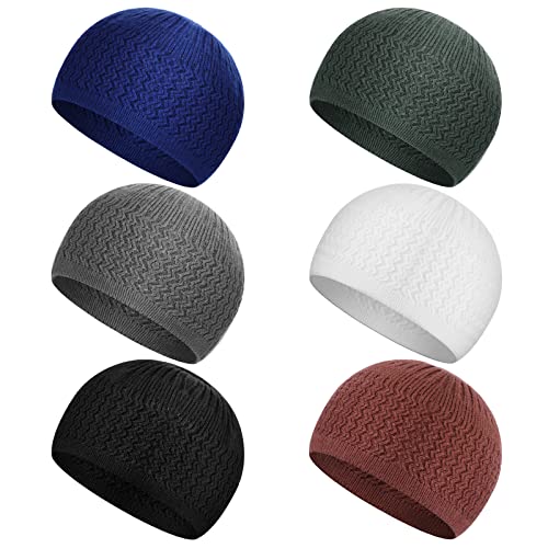 6 Pcs Kufi Hats for Men Knit Kufi Cap Breathable Cotton Stretchy Skull Cap Helmet Beanie Hat for Men Women Muslim in Cool Designs