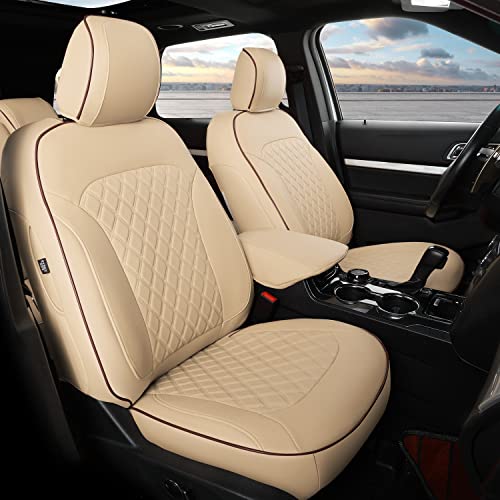 GIANT PANDA Pu Leather 7 Seats Car Seat Covers Full Set Custom Fit Ford Explorer 2016 2017 2018 2019 XLT,Limited,Platinum,Sport,Base,3 Row Model with Second Row 40/60 Split Seats- (Beige)