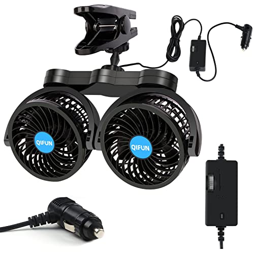 QIFUN Car Fan Adjustable Dual Head 12V 360° Rotatable 4 Inches Car Clip Fan for Front/Rear Seat Passenger Car Essentials Cooler with Stepless Speed Regulation for Vehicle SUV, RV