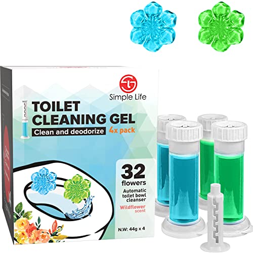 Simple Life Toilet Bowl Cleaner Gel | Fresh Flower Toilet Gel Stamp | Stops Limescale and Stains with Air Freshening Scent | Deodorizing Clean | 32 Stamps, Blue & Green