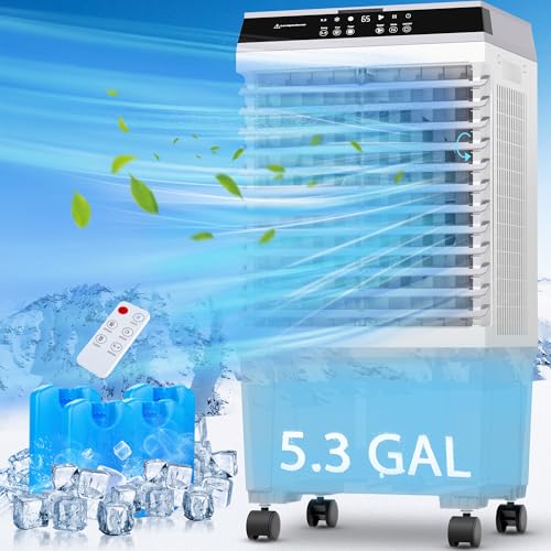 1800 CFM Swamp Cooler,Evaporative Air Cooler with 5.3 Gal Water Tank,120°Oscillation,4 Ice Boxes,2 Modes,3 Speeds, Remote Control,12H Timer,Air Cooler for Room,Home,Office,Kitchen Pure Grey