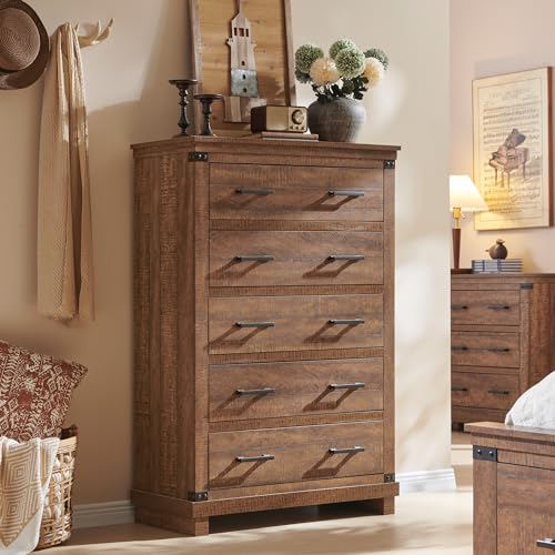 Farmhouse 5 Drawers Dresser for Bedroom, Tall Chest of Drawers with Thick Plank Styling, Wood Rustic Closet Dresser for Bedroom, Living Room, Reclaimed Barnwood