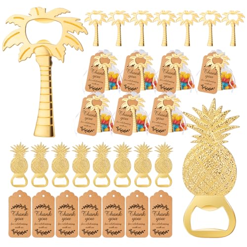 VZCBZC 24 Pieces Coconut Tree and Pineapple Bottle Opener Set Hawaiian Party Favors for Guests, Wedding Favors for Guests Bulk Tropical Beach Party Decorations with Gift Bags and Thank You Card