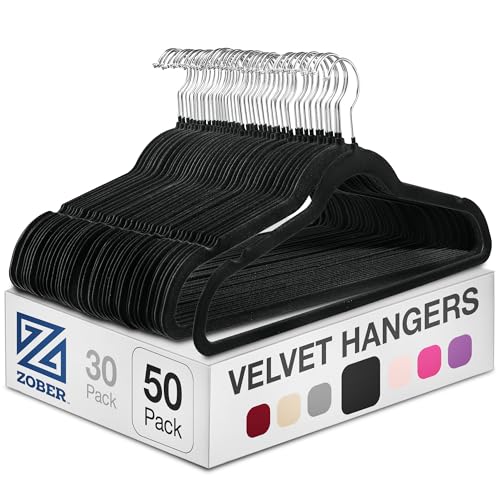 Zober Velvet Hangers 50 Pack - Heavy Duty Black Hangers for Coats, Pants & Dress Clothes - Non Slip Clothes Hanger Set - Space Saving Felt Hangers for Clothing