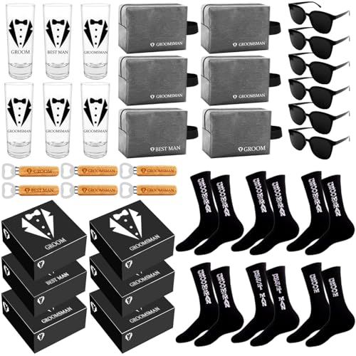 Mhoel 36Pcs Groomsmens Gifts Set of 6,Groom Best Man Groomsmen Proposal Box Gifts,2oz Shot Glasses,Oxford Bags,Black Sunglasses,Bottle Openers,Socks,Wedding Bachelor Party for Groomsmen