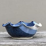 Medium Wavy Serving Bowl Hand-Thrown Original Pottery Design Measures 8.5 inches Diameter with Blue Spiral Finish