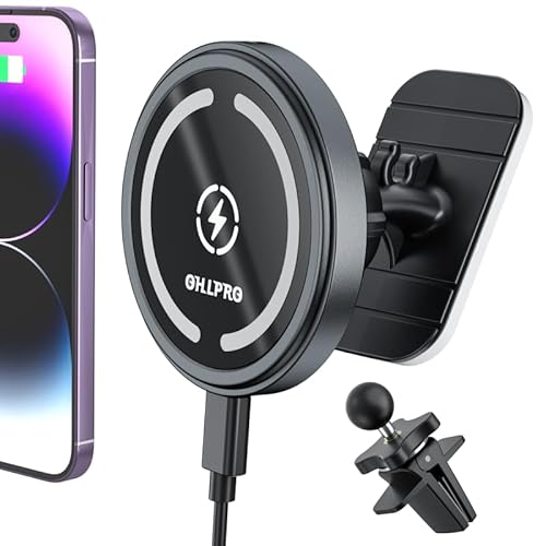 OHLPRO MagSafe Car Mount Charger iPhone Wireless Car Charger, Stick on Dashboard Magnetic Phone Holder Mount for iPhone 16 Pro Plus Max 15 14 13 12 Series, 15W Fast Charging, Aluminum Shell