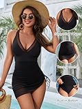 Blooming Jelly Women One Piece Swimsuits Tummy Control Swim Dress Slimming Sexy Sarong Wraps Swim Suits (L, Black)