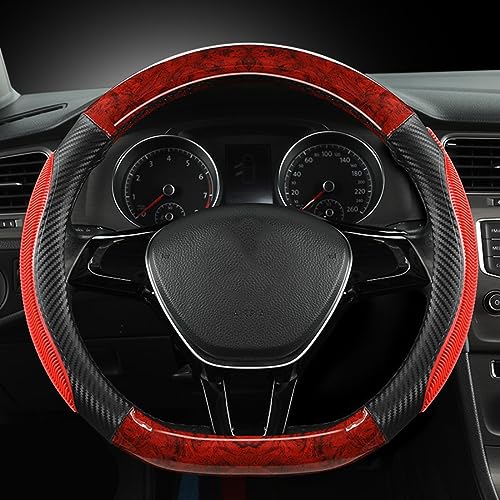 Cobear Car Steering Wheel Cover, Anti-Slip, Safety, Soft, All-Season Synthetic Carbon Fiber Handle Cover, Business Style Interior,14 1/2 inch to 15 inch, Red, D-Type