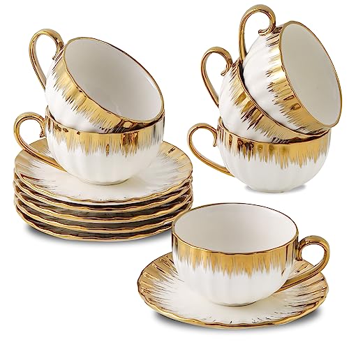 LETAOTAO Cappuccino Cups with Saucers, 7 oz Porcelain Double Espresso Cups Set, Ceramic Turkish Coffee Cups with Gold Trim, Tea Cups Set of 6, Cafe Cups for Latte, Mocha, Au Lait, White