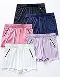 5 Pack: Womens Workout Gym Shorts Casual Lounge Set, Ladies Active Athletic Apparel with Zipper Pockets (Set 4, Small)