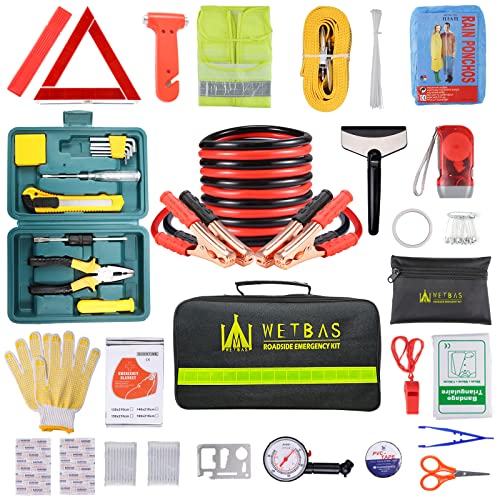 WETBAS Car Roadside Emergency Kit, Auto Vehicle Safety Emergency Road Side Assistance Kits Essentials, Solenoid Starter Repair Kit with Jumper Cables, Safety Hammer, Reflective Warning Triangle