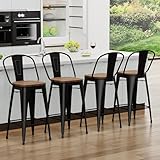 Yongqiang Barstools Set of 4 Counter Height Bar Stools for Kitchen Island Farmhouse Metal High Back Bar Chairs Wooden Seat 24" Matte Black