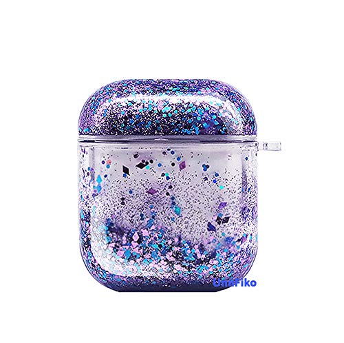 UnnFiko Bling Quicksand Case Compatible with AirPods 1/2, Cute Sparkle Liquid Protective Case, Funny Creative Hard Clear Airpods 1 & 2 Cover with Keychain (Purple Glitter)