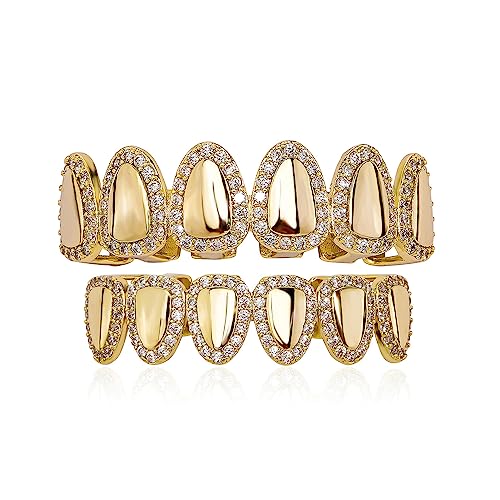 JINAO Hip Hop Grillz Iced Out Cubic Zirconia Top and Bottom Mouth Grills for Your Teeth 14K Gold Plated Grill Set for Men Women(Gold)
