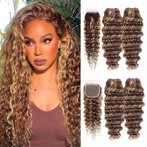 Highlight Bundles Human Hair with Closure, 10a Brazilian Deep Wave Human Hair 4 Bundles with 4x4 Closure 4/27 Color Ombre Bundles Human Hair (Highlight Deep Wave 16 18 20 22+16inch)