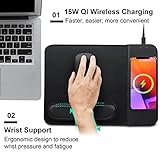 VIVIYA 15W Wireless Charging Mouse Pad with Detachable Wrist Support, Fast QI Phone Charger Mouse Mat for iPhone 16/15/14/13/12/11/X and Samsung Multiple Mobile Devices (Black)