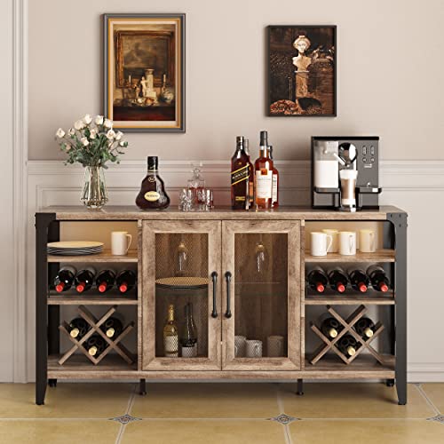 Vabches 58" Wine Bar Cabinet with Wine Rack Storage,Home Bar for Liquor and Glasses, Farmhouse Coffee Bar Cabinet, Liquor Cabinet Bar for Home Living Room Dining Room, Sideboard Buffet Cabinet