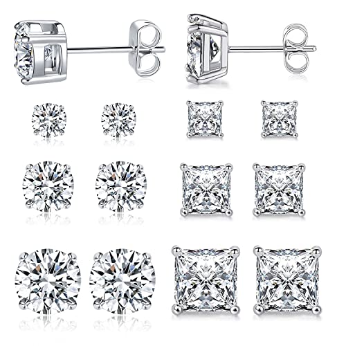 6 Pairs Earrings Set for Men 316L Stainless Steel 3/5/7mm CZ Round and Princess Square Ear Piercing Studs Hypoallergenic Jewelry (white)