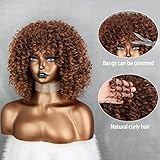 Xinran Brown Curly Afro Wig for Black Women,Short Kinky Curly Wig with Bangs,Synthetic Afro Full Hair Wig 14inch(Light Brown)