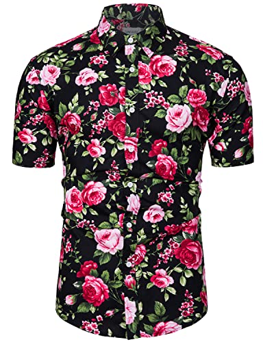 TUNEVUSE Mens Flower Shirt Short Sleeve Casual Floral Print Button Down Hawaiian Shirt 100% Cotton Pink Floral Print X-Large