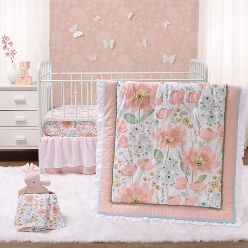 The Peanutshell 4 Piece Organic Cotton Baby Crib Bedding Set for Girls - Newborn, Infant & Toddler Nursery Bed Set Decor with Two Crib Sheets, Dust Ruffle Comforter - Wildflower