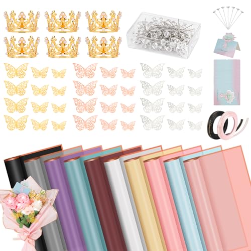 Hossmily 209 Pcs Flower Bouquet Wrapping Paper Waterproof Floral Wrapping Paper Florist Supplies with Butterfly Decoration Crowns Ribbons Bouquet Pin Glue for DIY Craft (10 Colors)