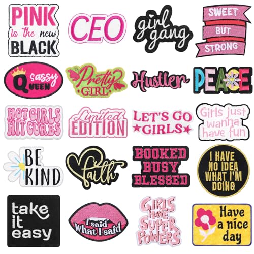 Lyrow 20 Pcs Phrase Iron on Patches Hot Pink Patches for Hats Girls Power Embroidered Sew on Patch for Girls Women Jackets Backpacks Clothing DIY Accessories