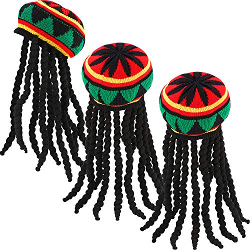 SATINIOR 3 Pcs Rasta Hat with Black Dreadlocks Jamaican Hat Dreadlock Wig for Costume, 17.3 Inch