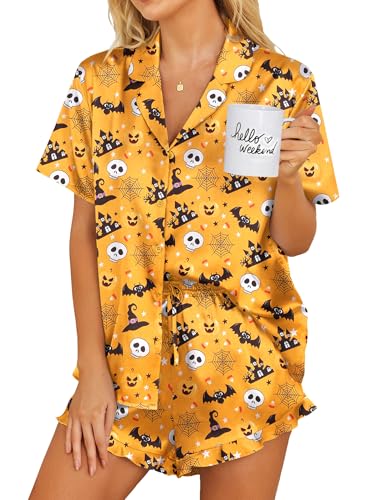Ekouaer Silk Pajamas Womens Short Sleeve Sleepwear 2 Piece Satin Pjs Shorts Set Button Down Loungewear Halloween XL