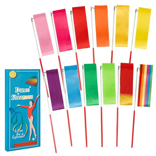 YGEOMER 12pcs Dance Ribbons, Rainbow Gymnastics Ribbon Wands for Kids Dancer, Dance Twirling Sticks Batons Streamers for Artistic Dancing, Talent Shows Dance Floor Party Props