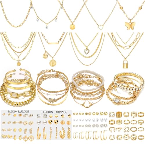 IFNODO 98pcs Gold Jewelry Set for Women Trendy Costume Jewelry Gold Plated Necklace Bracelet Gold Earrings And Rings Set for Women Friendship Gift Set