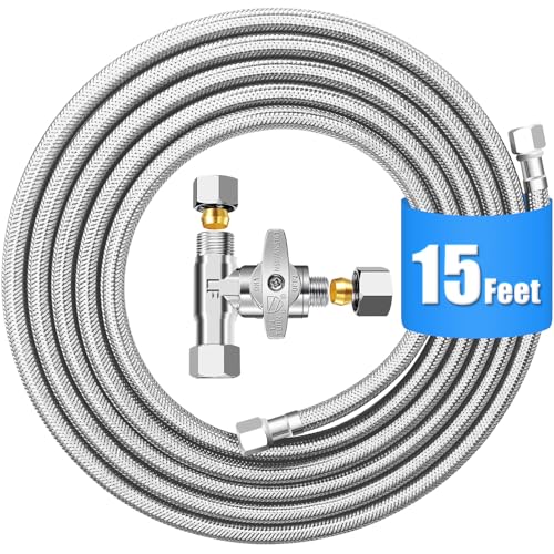 Refrigerator Water Line Kit - 15FT Stainless Steel Braided Ice Maker Water Line with Tee Stop Valve,Foodgrade PEX Inner Hose Fridge Water Line with 1/4" Comp Fitting and Tee Valve