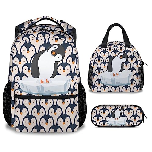 COOPASIA Penguin Backpack with Lunch Box and Pencil Case, 16 Inch Penguin Theme Bookbag with Adjustable Straps, Durable, Lightweight, Large Capacity, School Backpack for Girls Women
