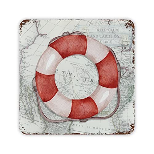Red Lifebuoy Tin Plaque Vintage Nautical Map Metal Plaque Marine Animals Farmhouse Garden Parch Iron Poster Painting an Ideal Motivational Motto for Friends Family Colleagues 12x12in